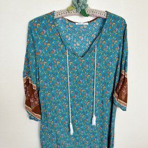 Halite Womens Teal Green & Brown Floral Boho Rayon Tunic Top Shirt Blouse XL